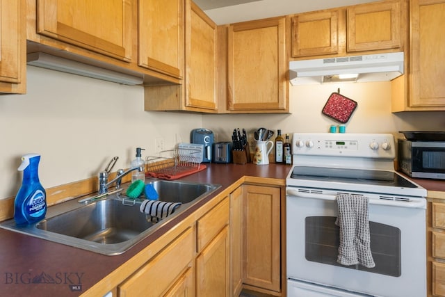 500/502 Idaho St, Belgrade, MT 59714 - kitchen featuring white range with electric cooktop, under cabinet range hood, stainless steel microwave, a sink, and dark countertops