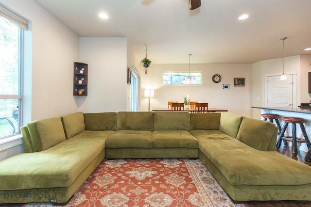 13 Ramshorn Peak Ln, Bozeman, MT 59718 - living room featuring recessed lighting, ceiling fan, and a chandelier