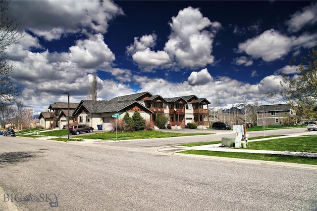 view of asphalt road with sidewalks, curbs, and a residential view