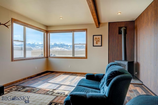 living room featuring plenty of natural light, wood finished floors, beam ceiling, and a wood stove