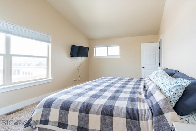 bedroom with lofted ceiling, baseboards, and carpet floors
