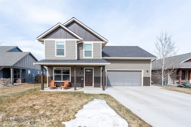 view of front of property featuring driveway, an attached garage, covered porch, a front lawn, and board and batten siding