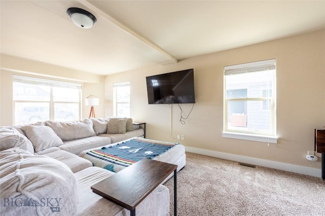 living area with carpet floors, beam ceiling, and baseboards
