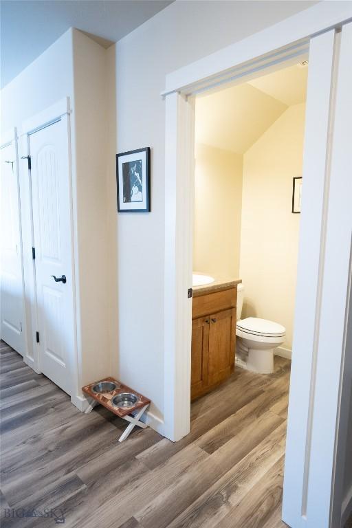 half bath with wood finished floors, toilet, vanity, and vaulted ceiling