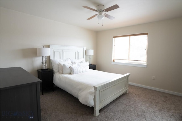 bedroom featuring light colored carpet, baseboards, and ceiling fan