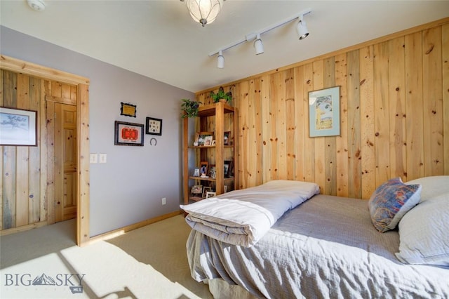 101 Deerfoot Trl, Ennis, MT 59729 - bedroom featuring wooden walls, carpet floors, track lighting, and baseboards