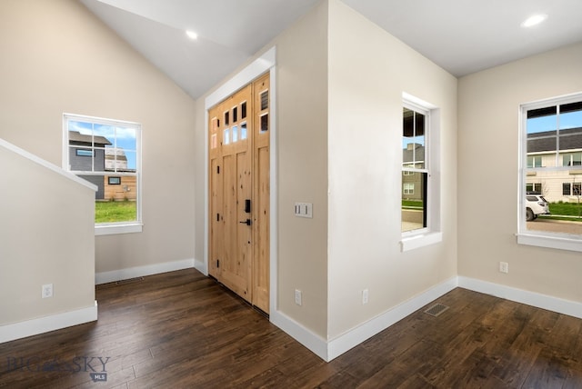 1650 Windrow, Bozeman, MT 59718 - foyer featuring dark wood-style flooring, plenty of natural light, baseboards, lofted ceiling, and recessed lighting