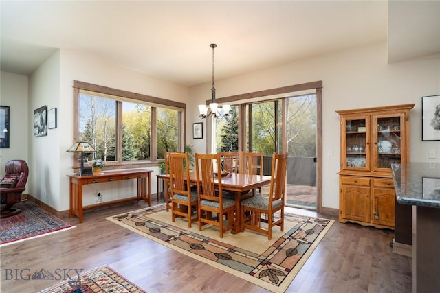 dining space with healthy amount of natural light, wood finished floors, a chandelier, and baseboards