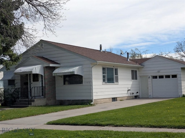 view of front facade featuring concrete driveway, a front lawn, an attached garage, and a shingled roof