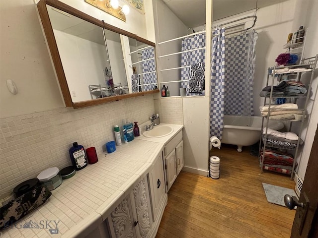 1100 Caledonia St, Butte, MT 59701 - bathroom featuring hardwood / wood-style flooring, vanity, and decorative backsplash