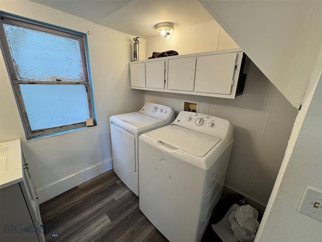 1100 Caledonia St, Butte, MT 59701 - laundry area with washer and clothes dryer, cabinet space, dark wood-style floors, and baseboards