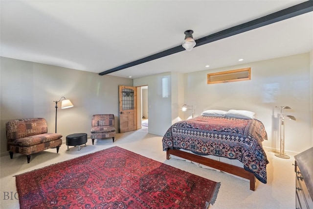 bedroom with carpet, beamed ceiling, and recessed lighting