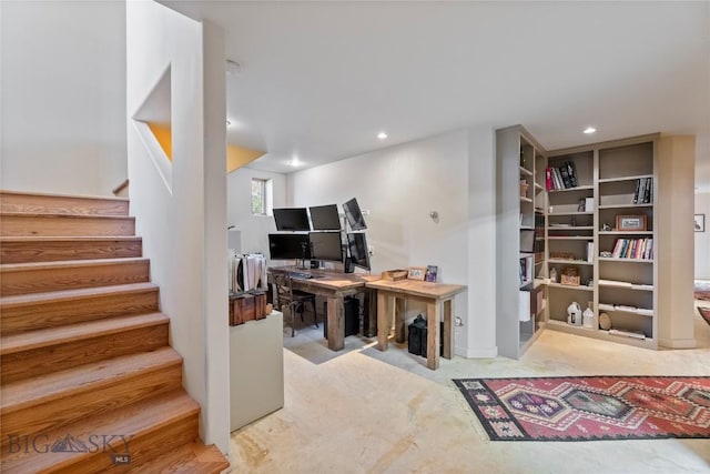carpeted office space featuring recessed lighting