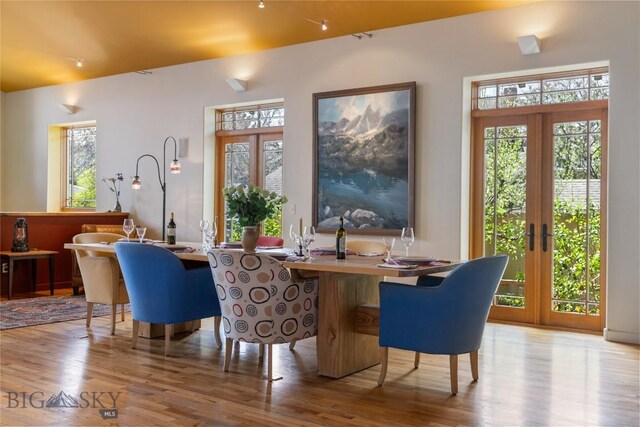 bar area featuring french doors, wood finished floors, and plenty of natural light