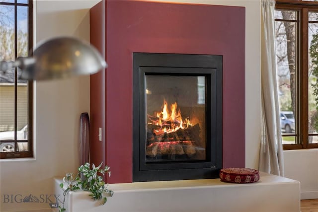 detailed view of a glass covered fireplace