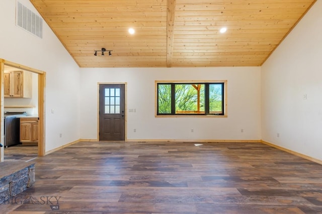 unfurnished living room featuring vaulted ceiling, wooden ceiling, wood finished floors, and baseboards