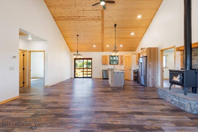 unfurnished living room with a wood stove, high vaulted ceiling, ceiling fan, dark wood-type flooring, and wooden ceiling