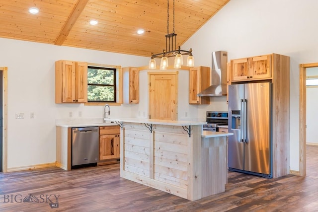 kitchen featuring appliances with stainless steel finishes, wall chimney range hood, wood ceiling, light countertops, and a kitchen island
