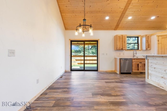 unfurnished dining area with wood ceiling, a chandelier, plenty of natural light, dark wood-style flooring, and high vaulted ceiling