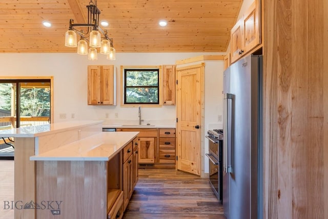 kitchen with stainless steel appliances, wooden ceiling, a sink, dark wood-type flooring, and plenty of natural light