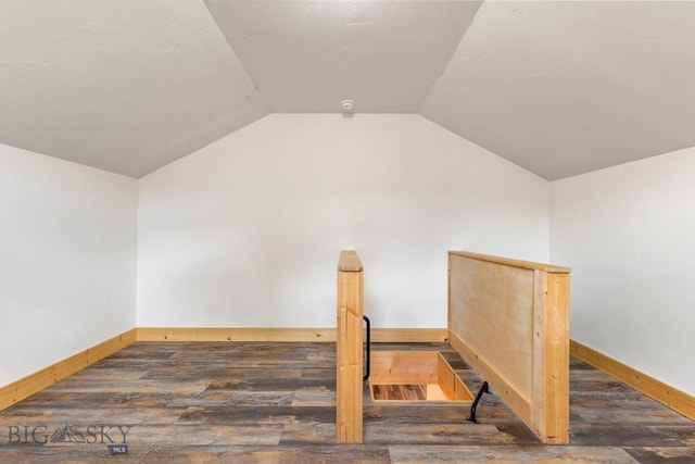 additional living space featuring baseboards, wood finished floors, and vaulted ceiling