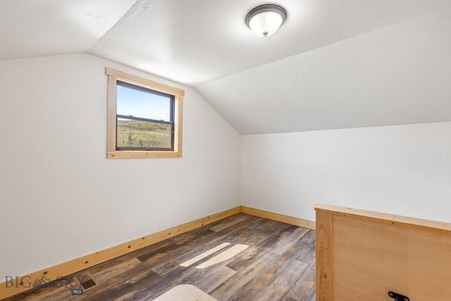 additional living space featuring wood finished floors, lofted ceiling, and baseboards