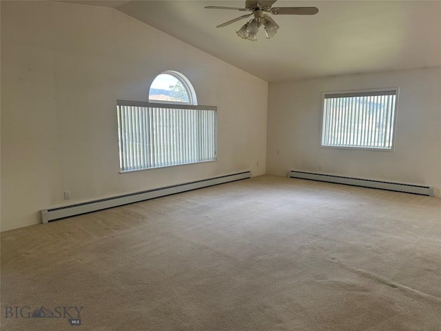 2921 Mammoth, Butte, MT 59701 - carpeted spare room featuring a baseboard heating unit, lofted ceiling, and a ceiling fan