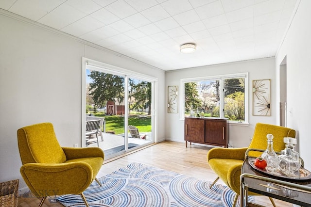 living area with wood finished floors and ornamental molding
