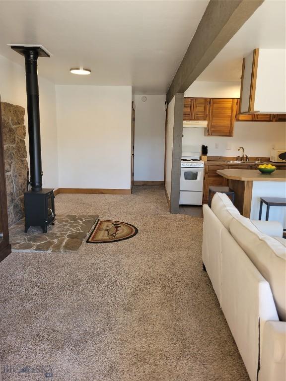 living room featuring light carpet, baseboards, and a wood stove