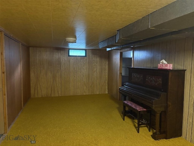 basement featuring wood walls and carpet flooring