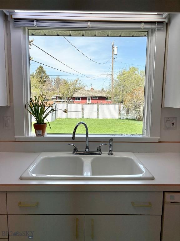 kitchen with a sink, light countertops, plenty of natural light, and dishwasher