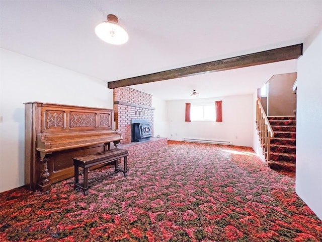 living room with a baseboard heating unit, carpet, stairs, beamed ceiling, and a fireplace
