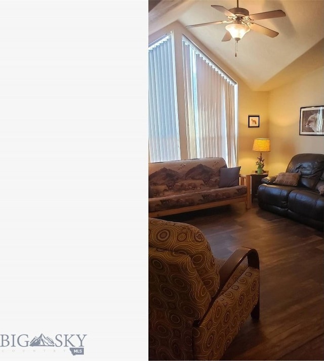 225 N Geyser St, West Yellowstone, MT 59758 - living area featuring ceiling fan, wood finished floors, and lofted ceiling