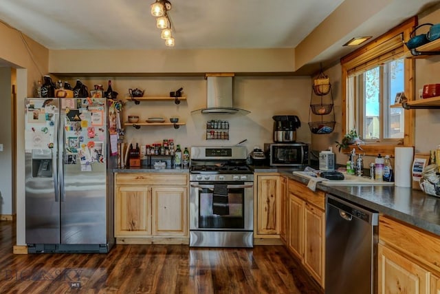 1816 S Rouse Unit 1 & 2, Bozeman, MT 59715 - kitchen featuring stainless steel appliances, wall chimney exhaust hood, dark countertops, dark wood-type flooring, and open shelves