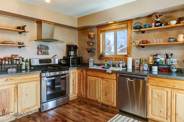 1816 S Rouse, Bozeman, MT 59715 - kitchen with stainless steel appliances, open shelves, wall chimney exhaust hood, dark wood-style flooring, and dark countertops