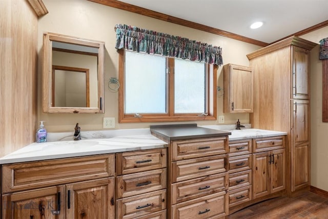 full bath with wood finished floors, ornamental molding, double vanity, and recessed lighting