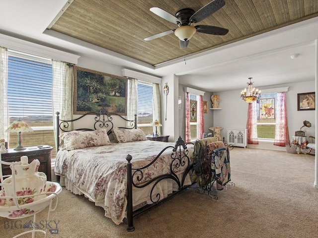 bedroom featuring light carpet, radiator, wooden ceiling, a chandelier, and multiple windows