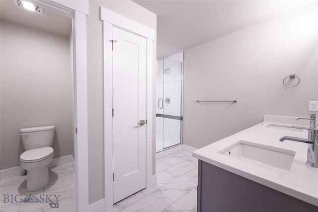 440 Meriwether Ave, Bozeman, MT 59718 - full bath with marble look tile flooring, a sink, a stall shower, and baseboards