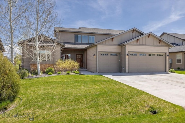 342 Parklands Trl, Bozeman, MT 59718 - craftsman-style house featuring a garage, concrete driveway, a front yard, board and batten siding, and roof with shingles