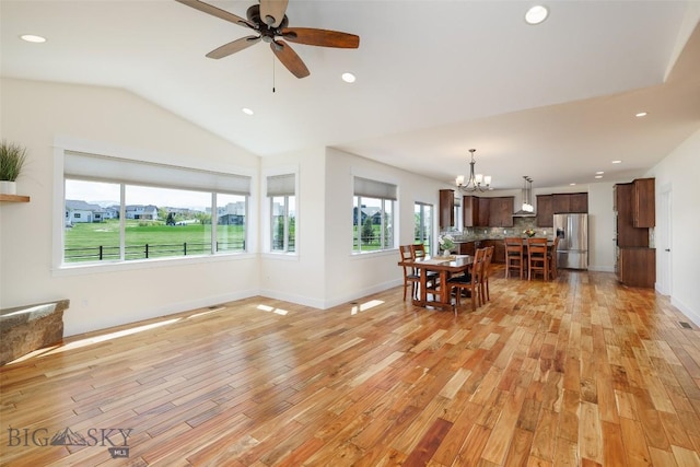 342 Parklands Trl, Bozeman, MT 59718 - living room with light wood-style flooring, recessed lighting, a chandelier, ceiling fan, and lofted ceiling