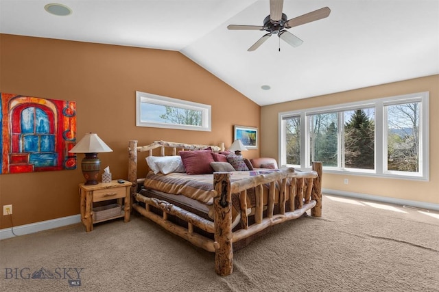 bedroom featuring lofted ceiling, light colored carpet, ceiling fan, and baseboards