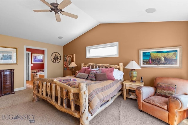 bedroom featuring carpet flooring, lofted ceiling, and a ceiling fan