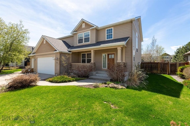 craftsman house with a porch, an attached garage, and concrete driveway