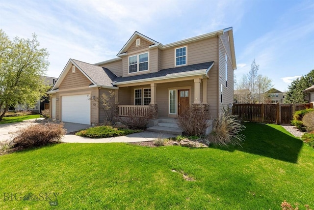 craftsman-style house with covered porch, concrete driveway, and a garage