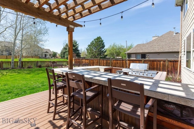 wooden terrace with outdoor dining area, a grill, and a pergola