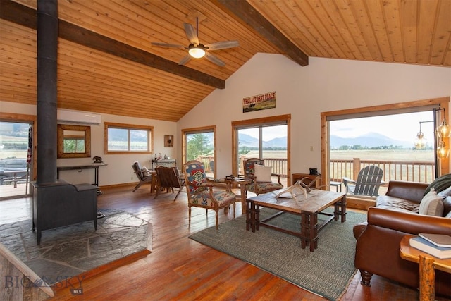 28 Loch Leven Rd, Livingston, MT 59047 - living room featuring a wood stove, beam ceiling, wood ceiling, ceiling fan, and wood finished floors