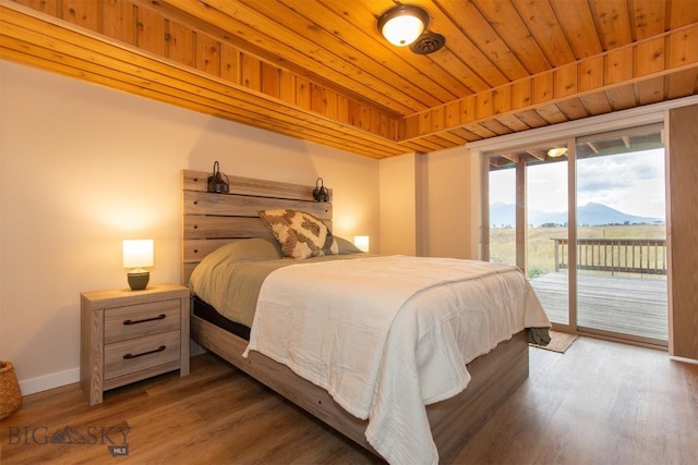 28 Loch Leven Rd, Livingston, MT 59047 - bedroom with access to outside, baseboards, wood finished floors, a mountain view, and wooden ceiling