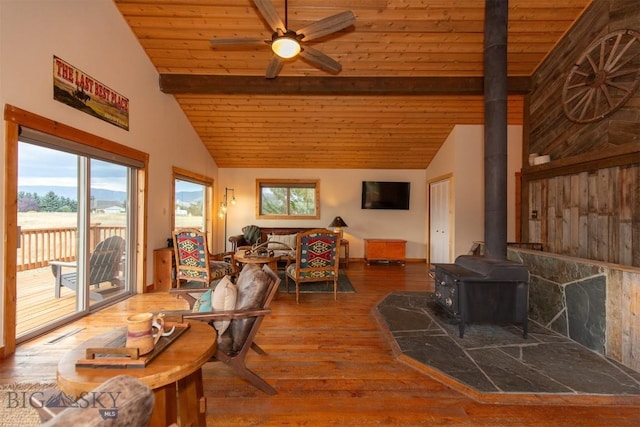 28 Loch Leven Rd, Livingston, MT 59047 - dining room with wood-type flooring, a wood stove, wooden ceiling, and ceiling fan