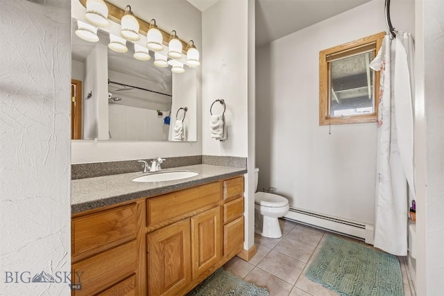 517 W Daly, Walkerville, MT 59701 - bathroom featuring a baseboard radiator, tile patterned flooring, toilet, vanity, and a shower with curtain