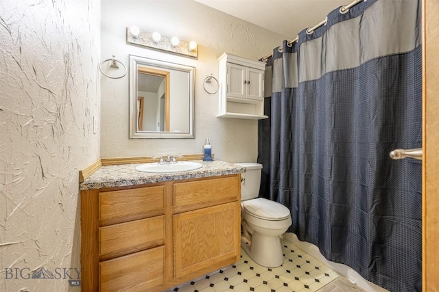 517 W Daly, Walkerville, MT 59701 - bathroom with a textured wall, toilet, vanity, and a shower with shower curtain